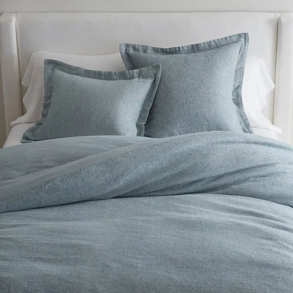 Pottery Barn European Flax Linen Waffle Duvet Cover Chambray Blue Full Queen NWT